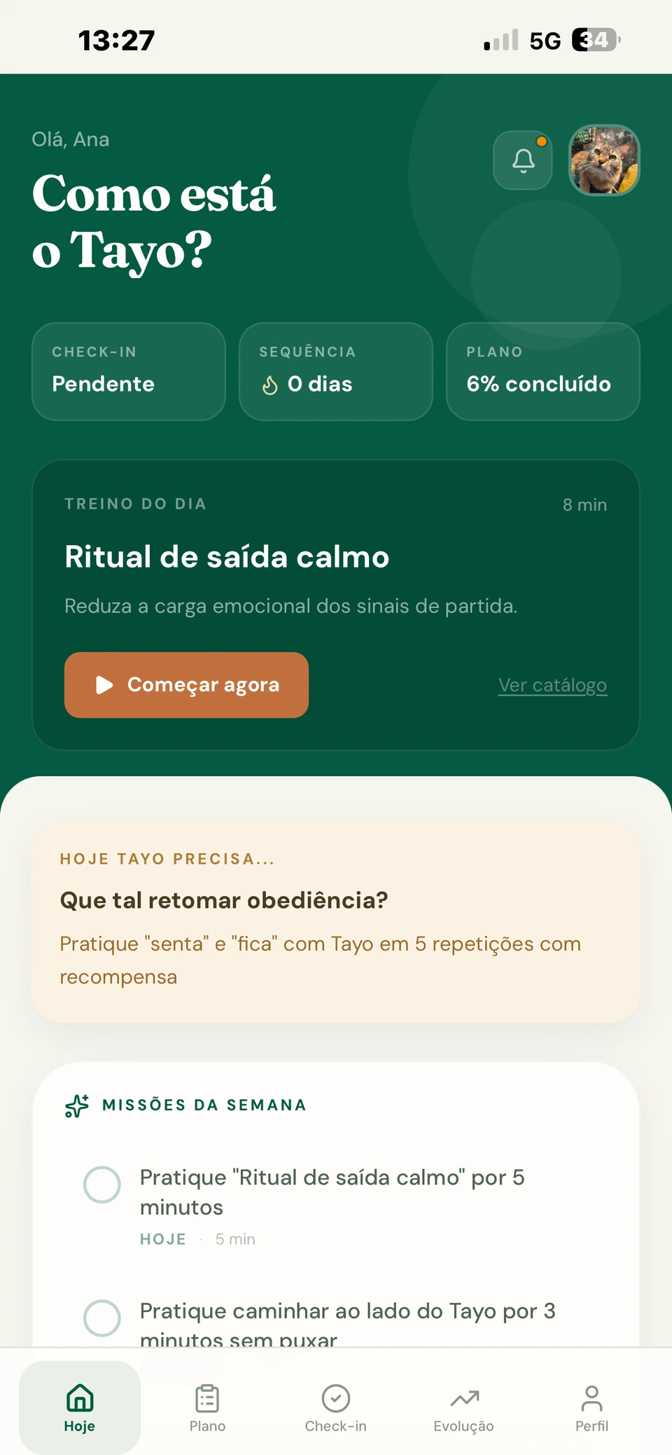 Tela inicial do Focão: tudo o que importa para hoje — treino, check-in e próximos passos