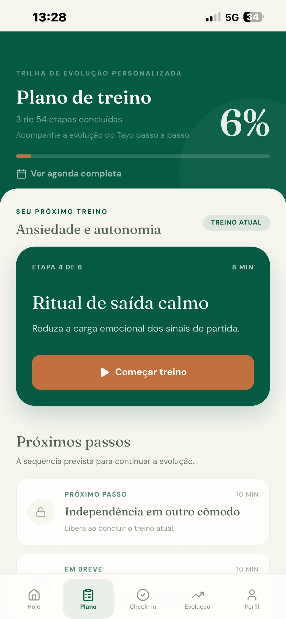 Plano de treino do Focão com etapas concluídas, treino atual e próximos passos bloqueados