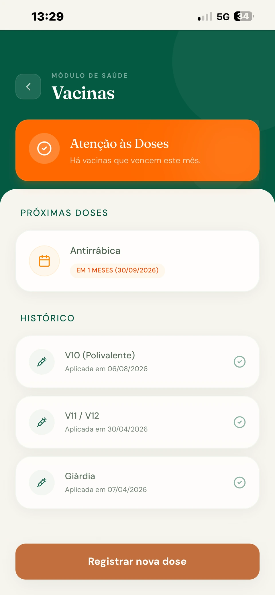 Tela de vacinas do Focão com próximas doses e histórico registrado